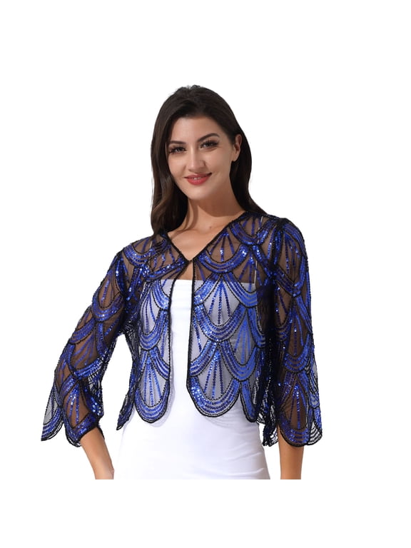 Women Sequin 1920s Hollow Lace Bolero Cardigan Summer Cropped Jacket Shrug for Dresses Blue One Size