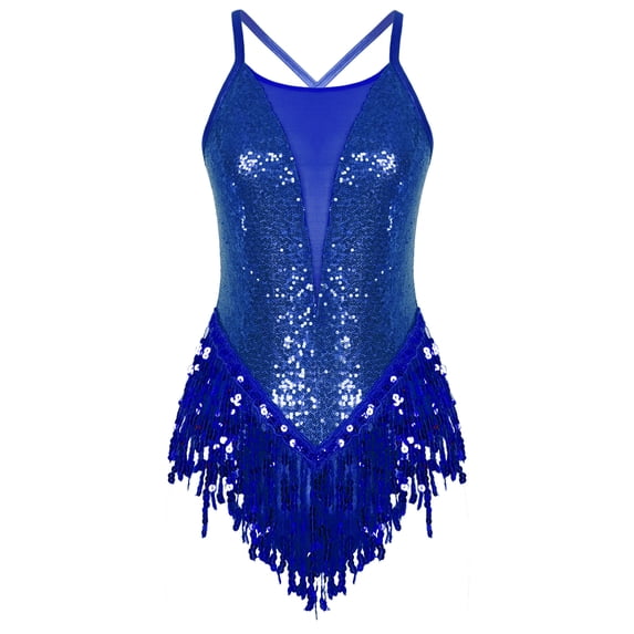 Miutii Women Sequins Tassel Latin Dance Leotard Cross Back Bodysuit Dance Performance Costume Royal_Blue M