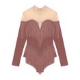 thumbnail image 1 of Miutii Women's Fringe Latin Dance Leotard Sheer Mesh Long Sleeve Tango Jazz Gymnastics Leotard Dusty Pink M, 1 of 4