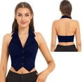 thumbnail image 1 of Miutii Women's Halterneck Waistcoat Cropped Backless Button Down Y2K Tuxedo Vest Navy Blue XXL, 1 of 9