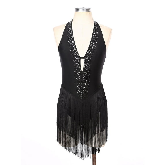 Miutii Women's Latin Dance Dress Deep V Neck Fringe Salsa Cha-Cha Rumba Ballroom Dance Costume Black L