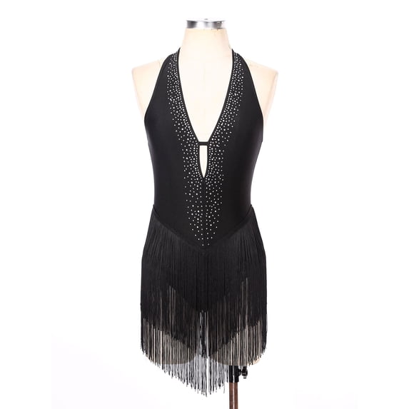 Miutii Women's Latin Dance Dress Deep V Neck Fringe Salsa Cha-Cha Rumba Ballroom Dance Costume Black S