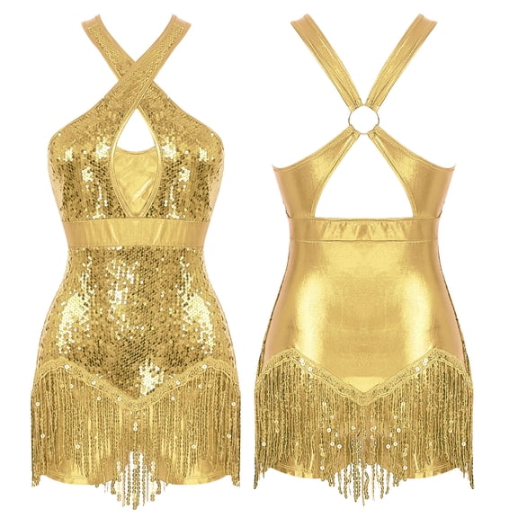 Miutii Women's Latin Dance Dress Glittery Sequins Cross Front Fringed Salsa Cha-Cha Rumba Ballroom Gold S