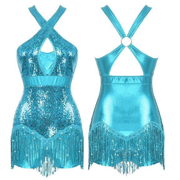 Miutii Women's Latin Dance Dress Glittery Sequins Cross Front Fringed Salsa Cha-Cha Rumba Ballroom Sky Blue S