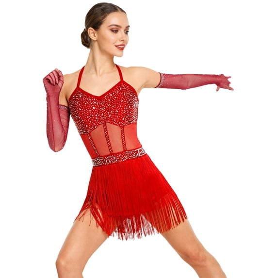 Miutii Women's Latin Dance Leotard Jazz Dance Bodysuit Sleeveless Fringe Sparkly Samba Salsa Ballroom Dress with Gloves Burgundy M