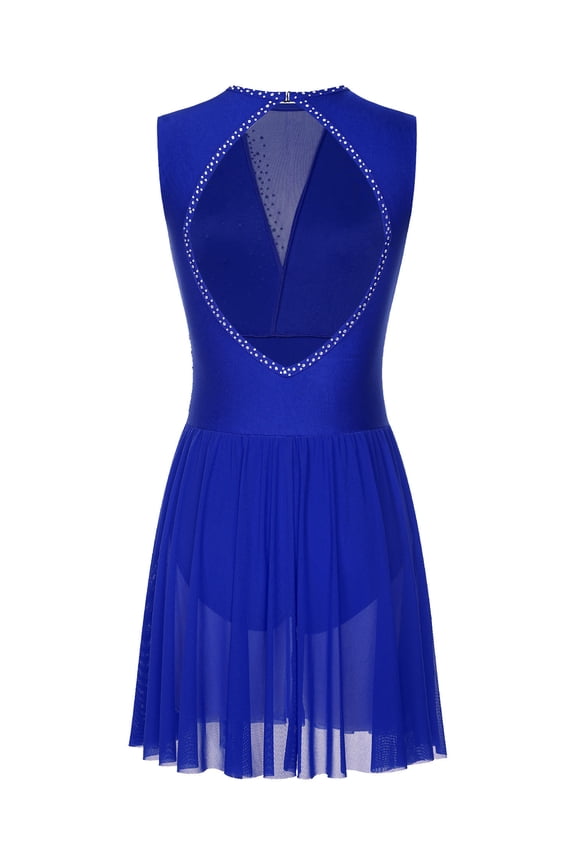 Women's Lyrical Mesh Figure Ice Skating Dresses Rhinestones Cutout Back Sleeveless Ruched Blue M