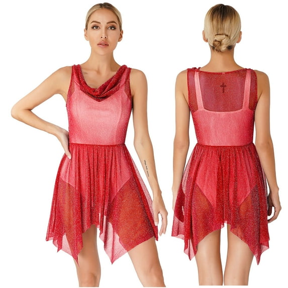 Miutii Women's Shiny Glittery Asymmetrical Praise Dance Tunic Overlay Worship Top Dress Ballet Burgundy XXL