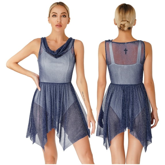 Miutii Women's Shiny Glittery Asymmetrical Praise Dance Tunic Overlay Worship Top Dress Ballet Navy Blue M