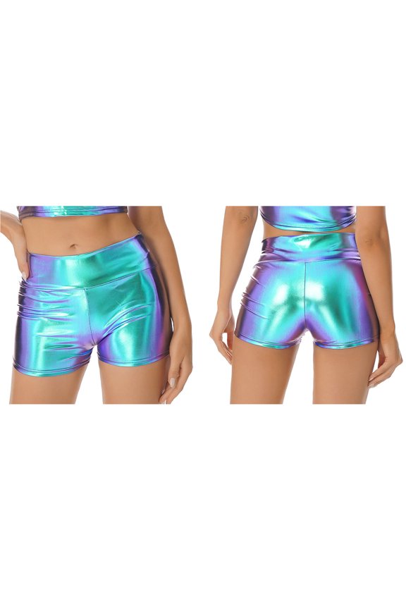 Women's Shiny Metallic Wetlook Jazz Hip Hop Dance Shorts Rave Festival Fancy Dress Booty Blue&Purple M
