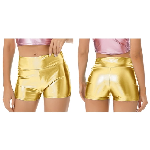 Miutii Women's Shiny Metallic Wetlook Jazz Hip Hop Dance Shorts Rave Festival Fancy Dress Booty Gold L
