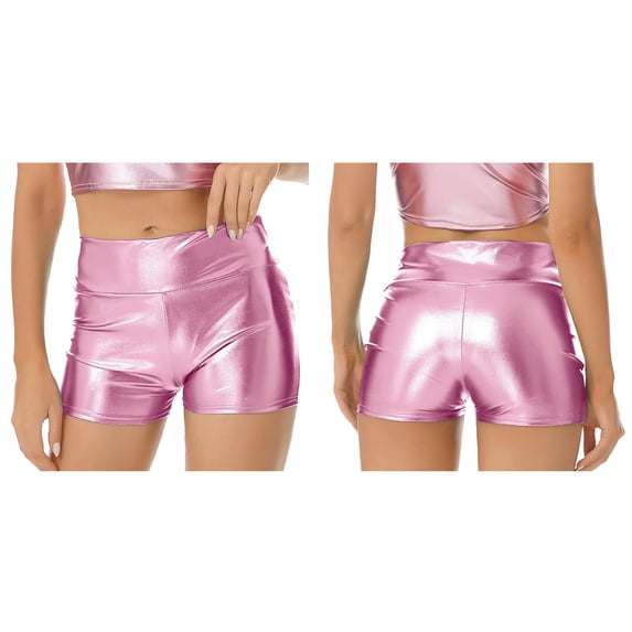 Miutii Women's Shiny Metallic Wetlook Jazz Hip Hop Dance Shorts Rave Festival Fancy Dress Booty Pink XL