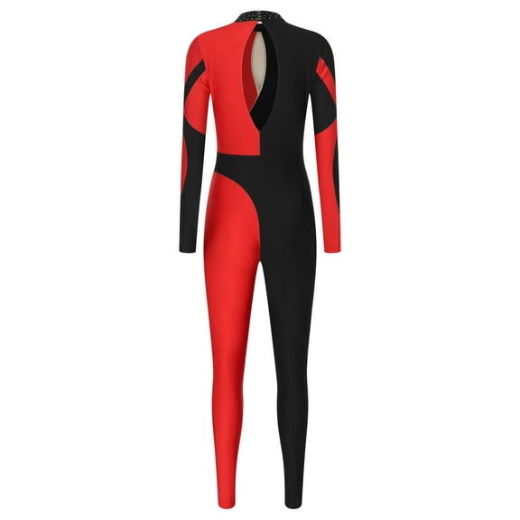 Miutii Women's Shiny Rhinestone Figure Skating Jumpsuit Long Sleeve One Piece Gymnastic Leotard Red L