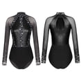 thumbnail image 1 of Miutii Women's Sparkling Rhinestones Mesh Long Sleeve Gymnastics Leotard BodySuit Dance or Tumbling Black XL, 1 of 9