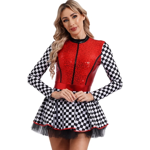 Miutii Womens Long Sleeve Sequins Checkered Racing Driver Dress Racer Jumpsuit Party Fancy Dress Up Red XXL