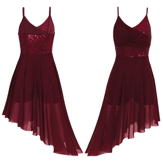 Miutii Womens Lyrical Dance Dress Sleeveless Asymmetrical High-Low Skirt Modern Contemporary Dance Burgundy M