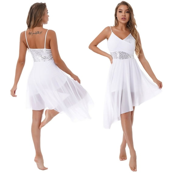 Miutii Womens Lyrical Dance Dress Sleeveless Asymmetrical High-Low Skirt Modern Contemporary Dance White M