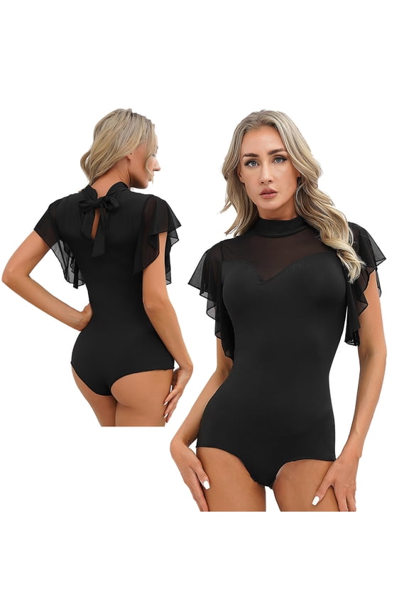 Womens Mock Neck Ballet Dance Bodysuit Leotard Butterfly Short Sleeve Dance Leotard for Ballet Black XL