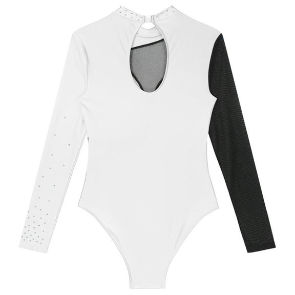 Miutii Womens Sheer Mesh Long Sleeve Gymnastics Leotards Bodysuit Sequined Ballet Jumpsuit Dancewear White M