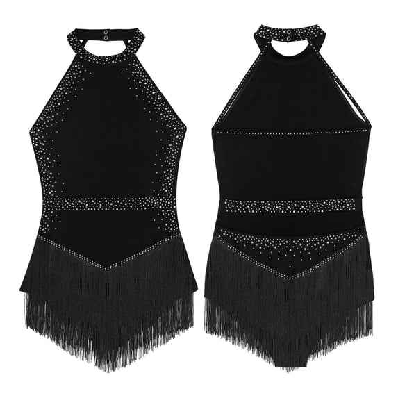 Miutii Womens Tassel Leotard Halter Neck Sleeveless Fringe Bodysuit Rhinestone Latin Jazz Costume Black L