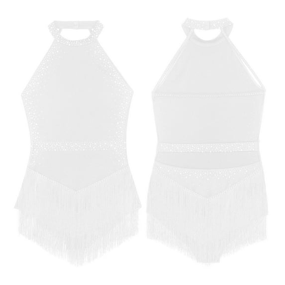 Miutii Womens Tassel Leotard Halter Neck Sleeveless Fringe Bodysuit Rhinestone Latin Jazz Costume White S