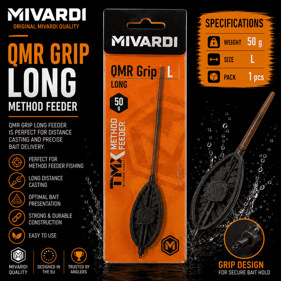 BaitsBase QMR Grip Long Method Feeder 50g Inline Method Feeder Cage, Long Distance Carp Feeder, Quick Change Feeder, Carp Fishing Terminal Tackle, Size L
