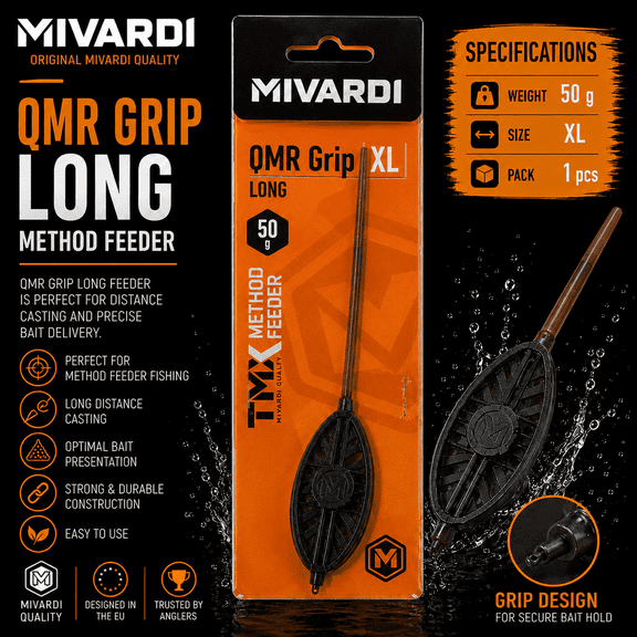 BaitsBase QMR Grip Long Method Feeder XL 50g Inline Method Feeder Cage, Long Distance Carp Feeder, XL Method Feeder, Quick Change Feeder, Carp Fishing Terminal Tackle
