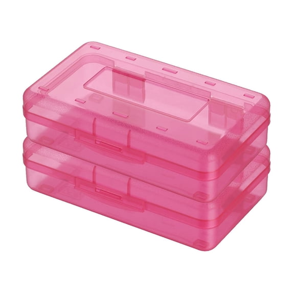 Mivyn 2 Pcs Clear Pencil Boxes for School,Bulk Plastic Pencil Case with Lid,Hard Large Crayon Storage Box,Stackable Classroom Stationery Organizer Supplies for Kids,2x8x4 Inch,Hot Pink
