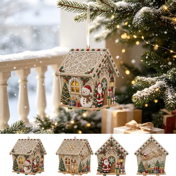 Mivyn Christmas DIY Pearl Painting Wooden House, Wooden House Pearl Diamond Art Kit, 3D Diamond Handmade Painting Hanging Ornament for Holiday Party Decor & Christmas Trees, #12