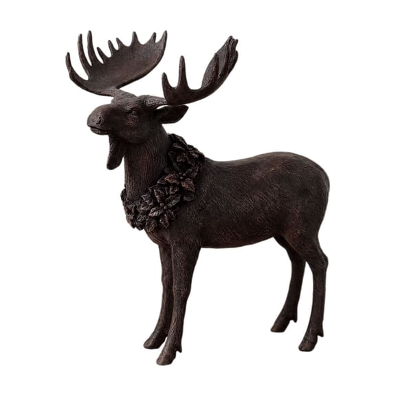 Mivyn Christmas Reindeer Resin Figurine with Wreath Collar, Dark Standing Statue Tabletop Decoration, Rustic Deer Ornament for Mantel Shelf Desk Fireplace, 6 x 6 x 3 in, 1 Pcs