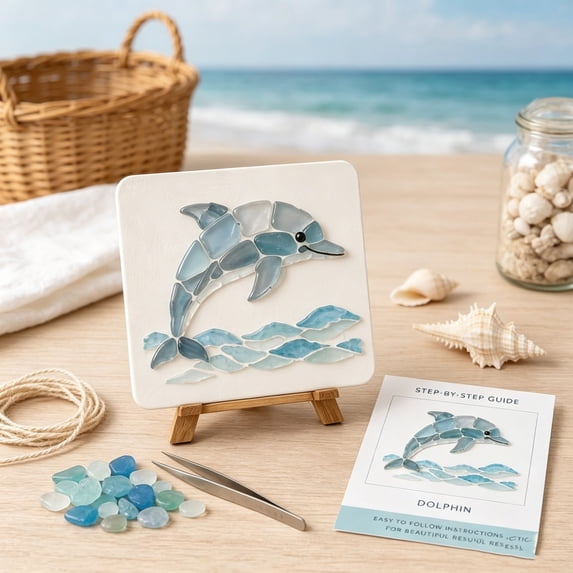 Mivyn DIY Sea Glass Art Kit, Beach Glass Craft Set with Colorful Tiles, Ocean-Inspired Artwork with Colorful Glass Pieces, Coastal Home Decor & Creative Handmade Gift, Dolphin