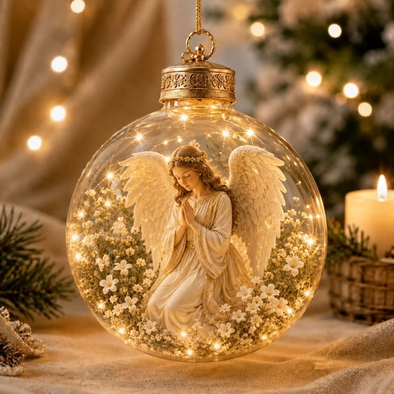 Mivyn Glowing Christmas Story Ornament, Light-up Praying Angel with Wings and White Flowers, Hanging Ornament for Christmas Tree Home Decor Gift, 4 x 4 in, 1 Pcs