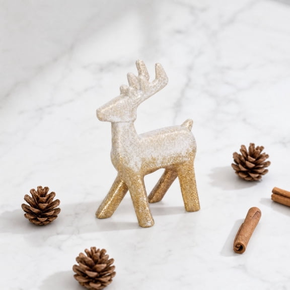 Mivyn Gold Glitter Christmas Reindeer Resin Figurine, Festive Tabletop Holiday Decoration, Modern Elegant Deer Statue for Mantel Shelf Desk Fireplace, 5 x 5 in, 1 Pcs