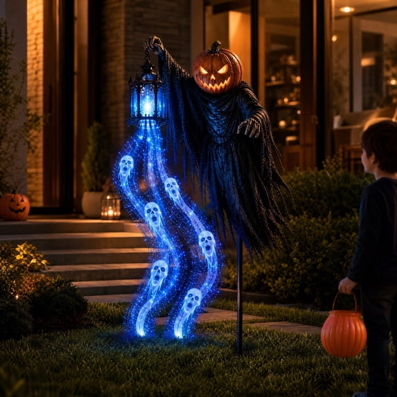 Mivyn Halloween Soul Harvester Animated Garden Light,Solar Waterproof Ghost Stake Light with Glowing Ghost Souls, Spooky Blue LED Light for Outdoor Garden Halloween Decor