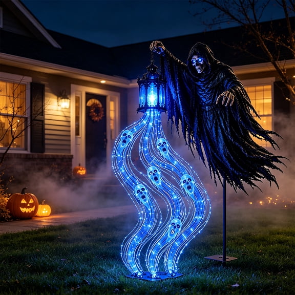 Mivyn Halloween Soul Harvester Animated Garden Light,Solar Waterproof Ghost Stake Light with Glowing Ghost Souls, Spooky Blue LED Light for Outdoor Garden Halloween Decor