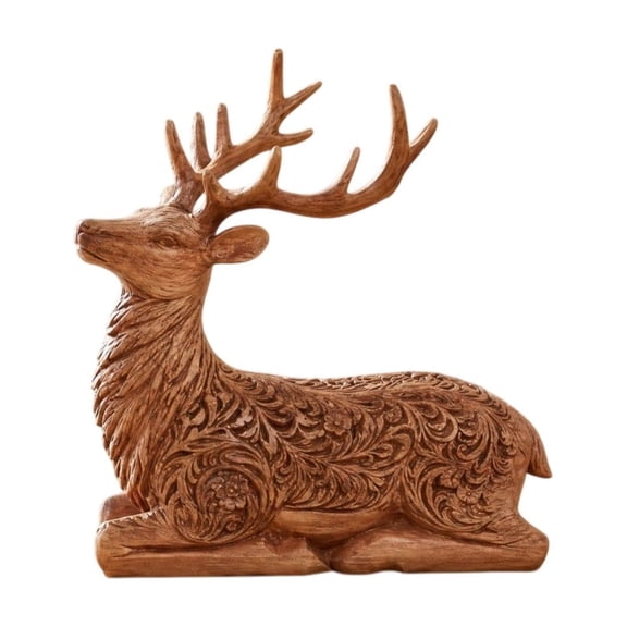Mivyn Wood Carved Style Christmas Reindeer Resin Figurines, Festive Tabletop Holiday Decorations, Vintage Deer Statue for Mantel Shelf Tabletop Fireplace, 6 x 6 in, 1 Pcs
