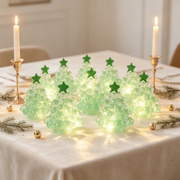 Miwamany 10 Pc Mini Christmas Tree Figurines, Glow in the Dark Luminous Resin Tabletop Decor, Holiday Night Light Ornament for Xmas Party Indoor Display