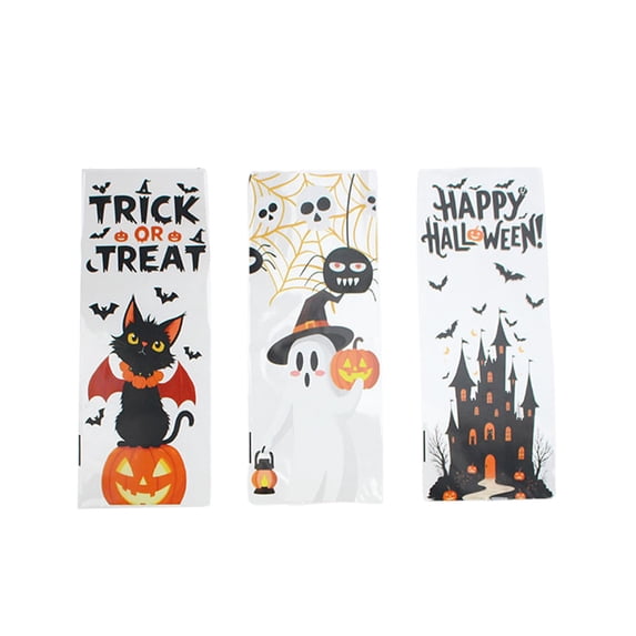 Miwamany 100pc Halloween Candy Gift Bags, Plastic Pumpkin Ghost Bat Treat Pouches with Ties, Waterproof Goodie Bags for Party Favors, Trick or Treat, Popcorn Cookie Wrapper