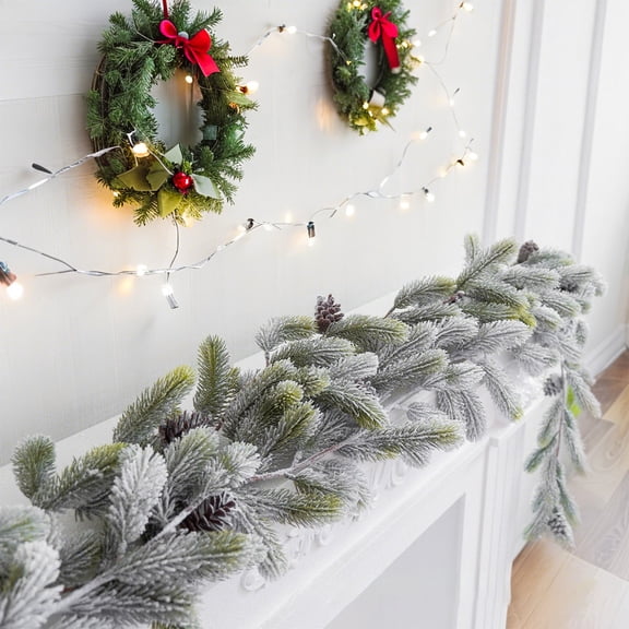 Miwamany 180cm Simulated Flocked Pine Needle Rattan Garland, Snow Frosted Christmas Pinecone Vine Decor, Artificial Winter Greenery Hanging Swag for Mantel Door Staircase Holiday Home Decoration