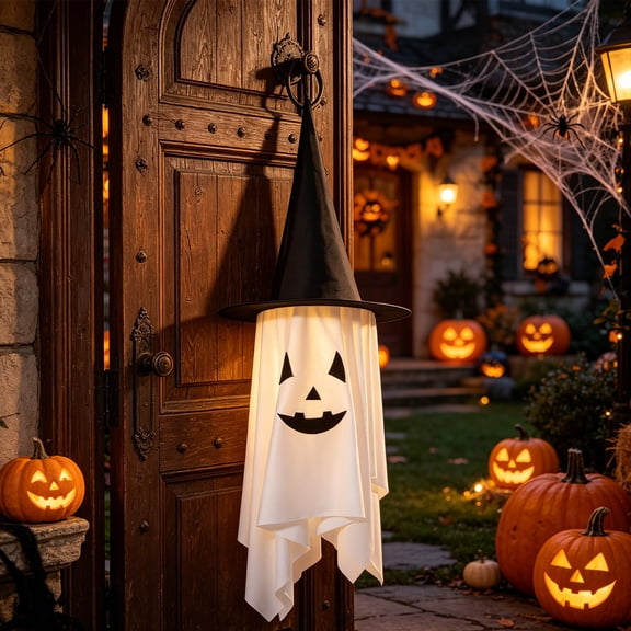 Miwamany 1PC Glowing Halloween Pumpkin Ghost Hanging Ornament Polyester Flowing Fabric Pendant with Built-In Hanging Loop Foldable Reusable Decor for Tree Doorway Garden Bar Party Scene Setup