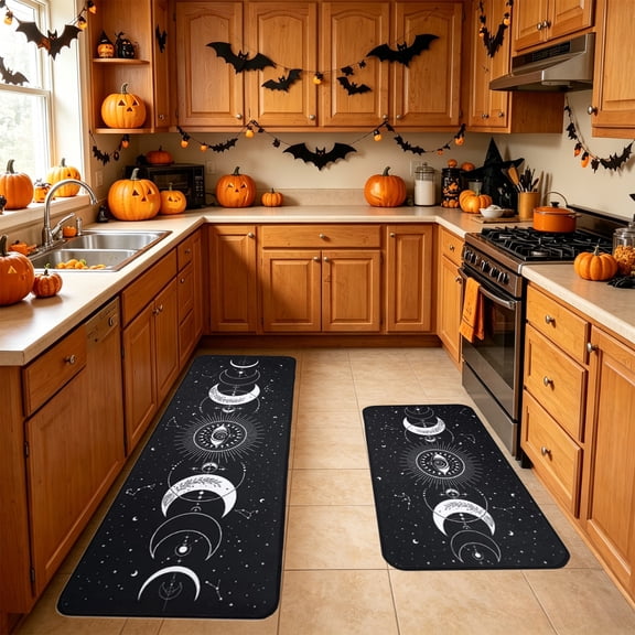 Miwamany 2-Piece Halloween Moon Phase Doormat Set, Black White Gothic Crescent Celestial Rug, Non Slip Memory Foam Floor Mat for Front Door Porch Entryway Indoor Outdoor Spooky Decor (15.7x47.2in)