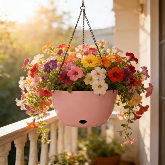 Miwamany 20cm Large Diameter Hanging Basket Planter with Chain, Plastic Balcony Flower Pot with Drainage, Lightweight Indoor Outdoor Hanging Plant Holder for Home Garden Porch Decoration