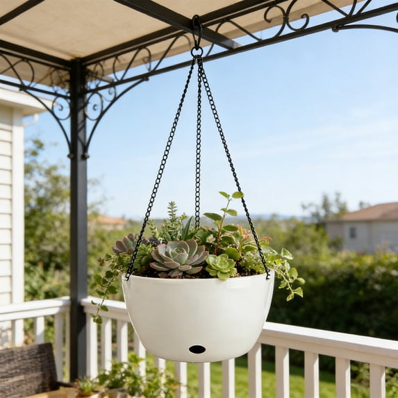 Miwamany 20cm Large Diameter Hanging Basket Planter with Chain, Plastic Balcony Flower Pot with Drainage, Lightweight Indoor Outdoor Hanging Plant Holder for Home Garden Porch Decoration
