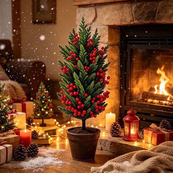 Miwamany 24.4 inch Artificial Christmas Tree with Red Berries Mini Pine for Garden Patio, Indoor Outdoor Holiday Decoration, Tabletop Xmas Display Gift