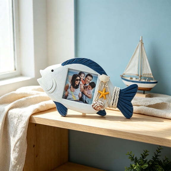 Miwamany 3 Inch Mediterranean Wooden Photo Frame, Scallop Fish Starfish Shaped Desktop Display Stand, Rustic Blue Nautical Picture Frame for Home Beach Themed Decoration