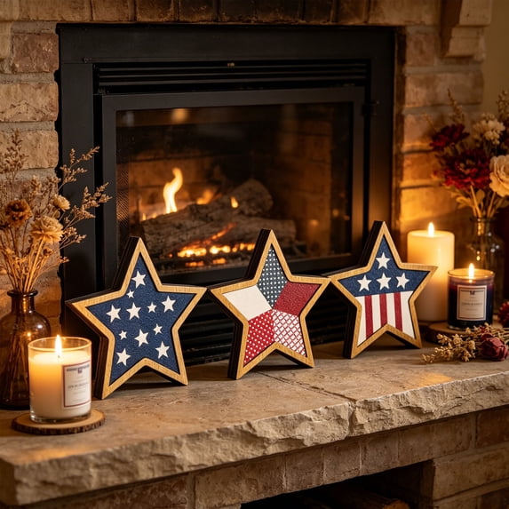 Miwamany 3Pcs 4Th Of July Decorations Wooden Stars,Red White Blue Patriotic Decor, Independence Day Ornaments Set,For Home Office Table Shelf
