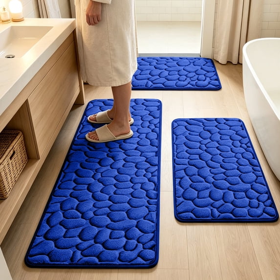 Miwamany 3Pcs Pebble Textured Soft Bath Mat Set, Thick Velvet Fleece Water Absorbent Shower Rug, Non-Slip Washable Comfortable Floor Blanket for Bathroom Home Daily Decoration