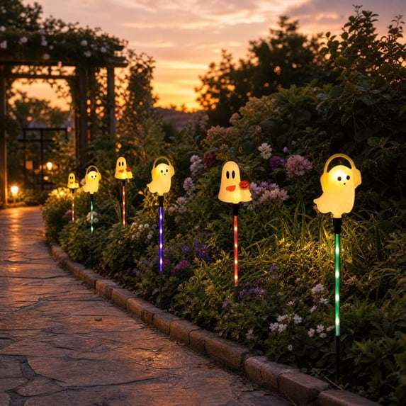 Miwamany 7 Styles Halloween Solar Ground Stake Lights, Waterproof LED Pumpkin Ghost Mummy Garden Lamps, Auto On Off Spooky Light Decor for Yard Patio Party Scene