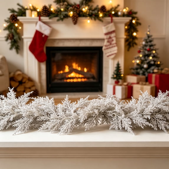 Miwamany 70.8 inch White Artificial Christmas Rattan Garland with Leaves String for Fireplace Mantel Tree Wreath Holiday Winter Home Decor