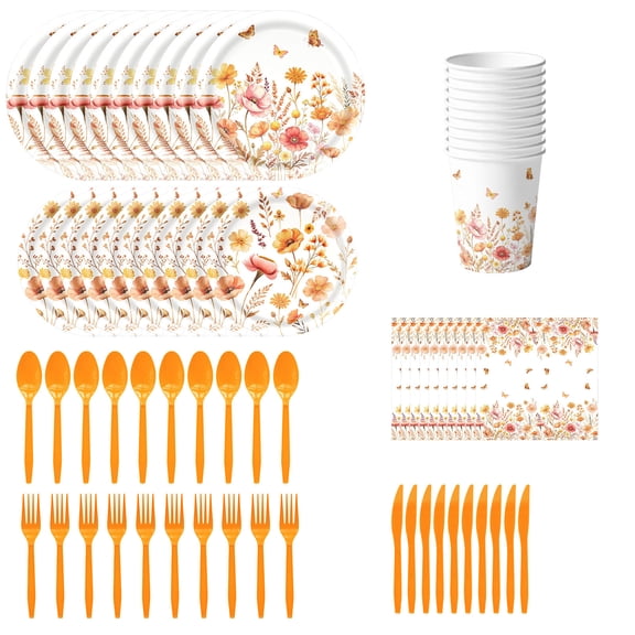 Miwamany 70PCS Fall Floral Disposable Tableware Set, Paper Plates Cups Napkins Plastic Cutlery for Thanksgiving Party Supplies,Table Setting for 10 Guests Outdoor Indoor Autumn Dinner