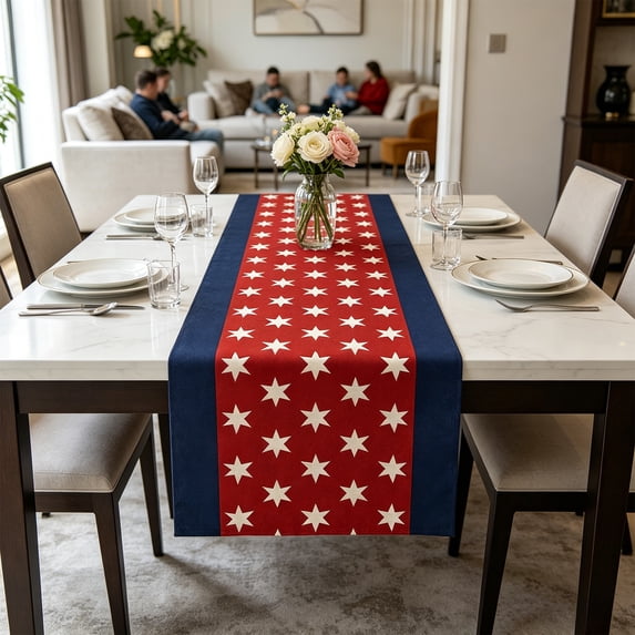 Miwamany Anniversary of Independence Day Table Runner, Star-Printed American Style Linen Table Runner, Patriotic Dining Decor for Home Kitchen Coffee Table